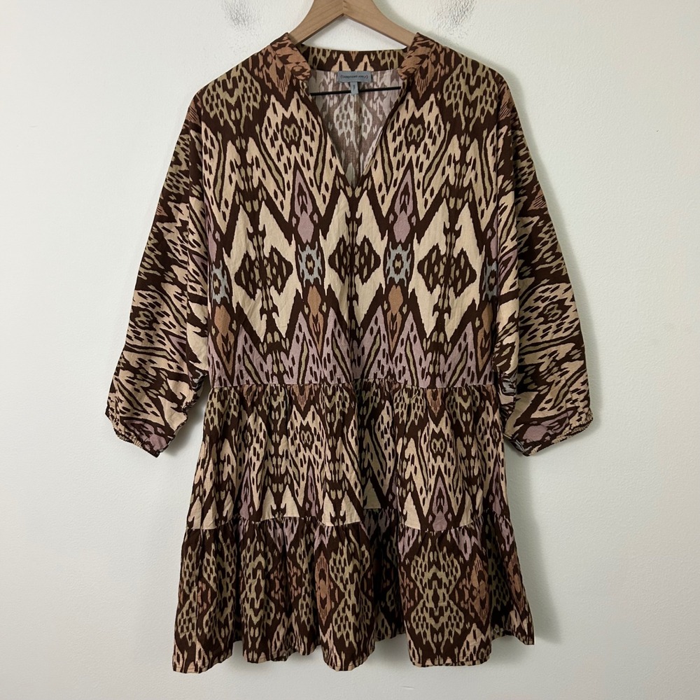 Conditions Apply Brown Ikat Tribal Cotton Tiered Mini Dress Womens Small